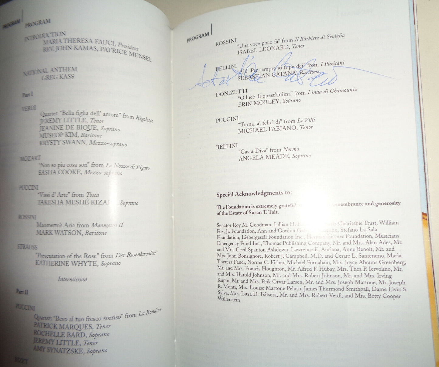 GALA BENEFIT IN MEMORY OF ANNA MOFFO.. PLAYBILL SIGNED BY SEBASTIAN CATANA 2006