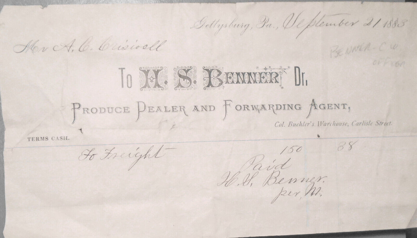 1883 Gettysburg, Pennsylvania Freight Receipt for H. S. Benner, Produce Dealer