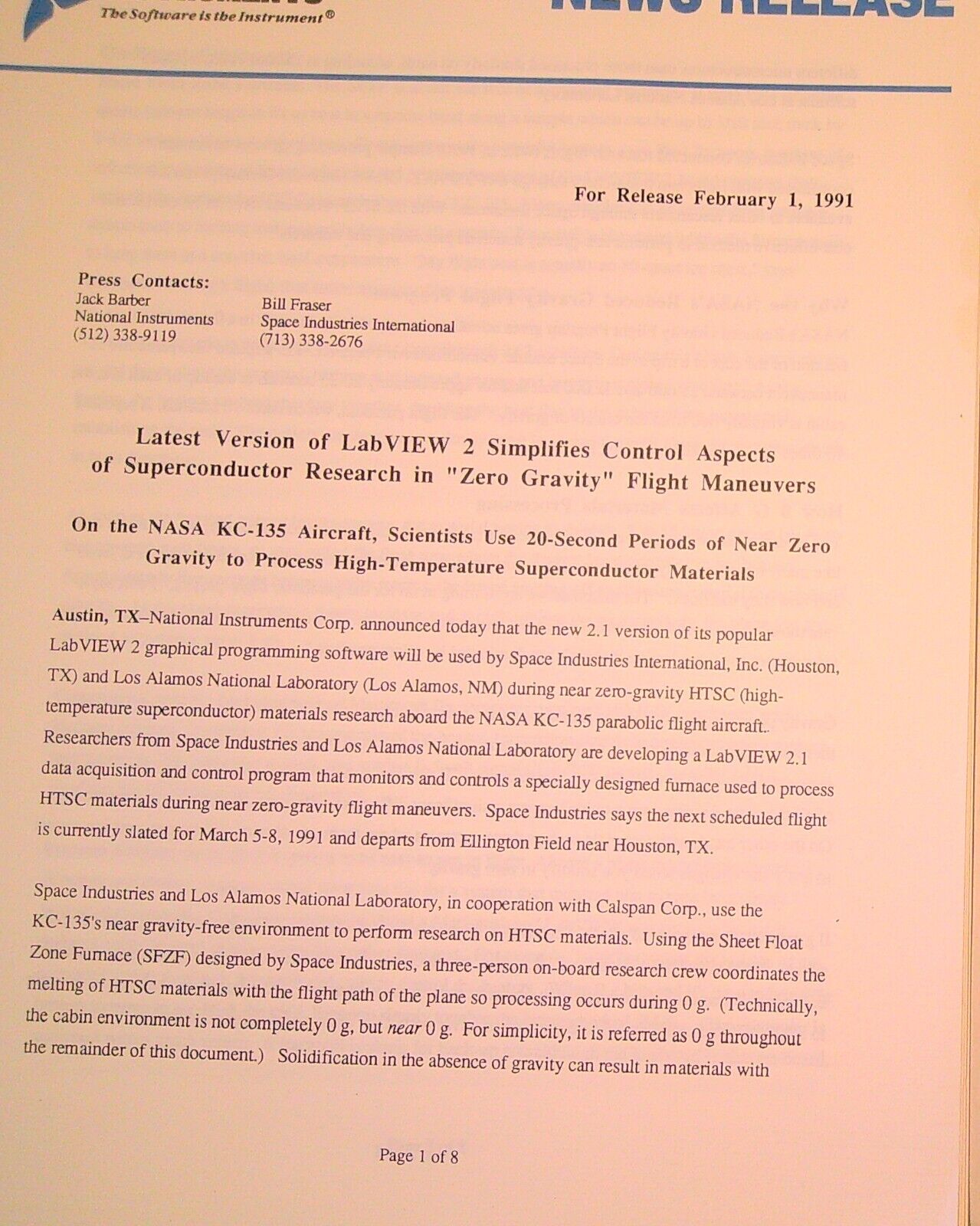 National Instruments LabVIEW 2 in NASA Zero Gravity Superconductor Research 1991