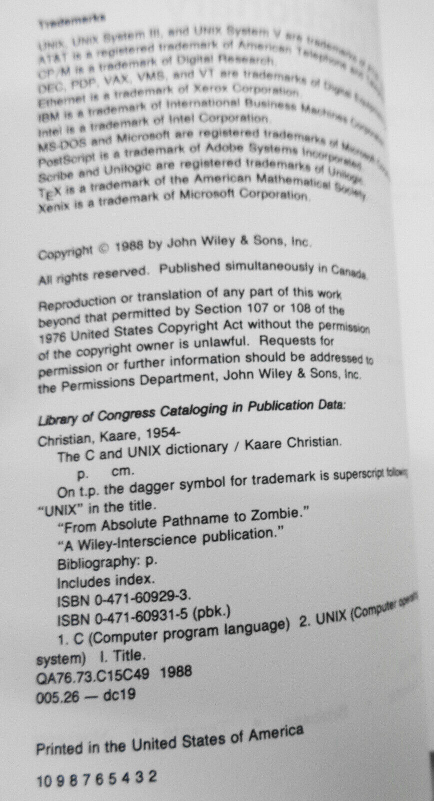 The C and UNIX Dictionary : From Absolute Pathname to Zombie by Kaare Christian