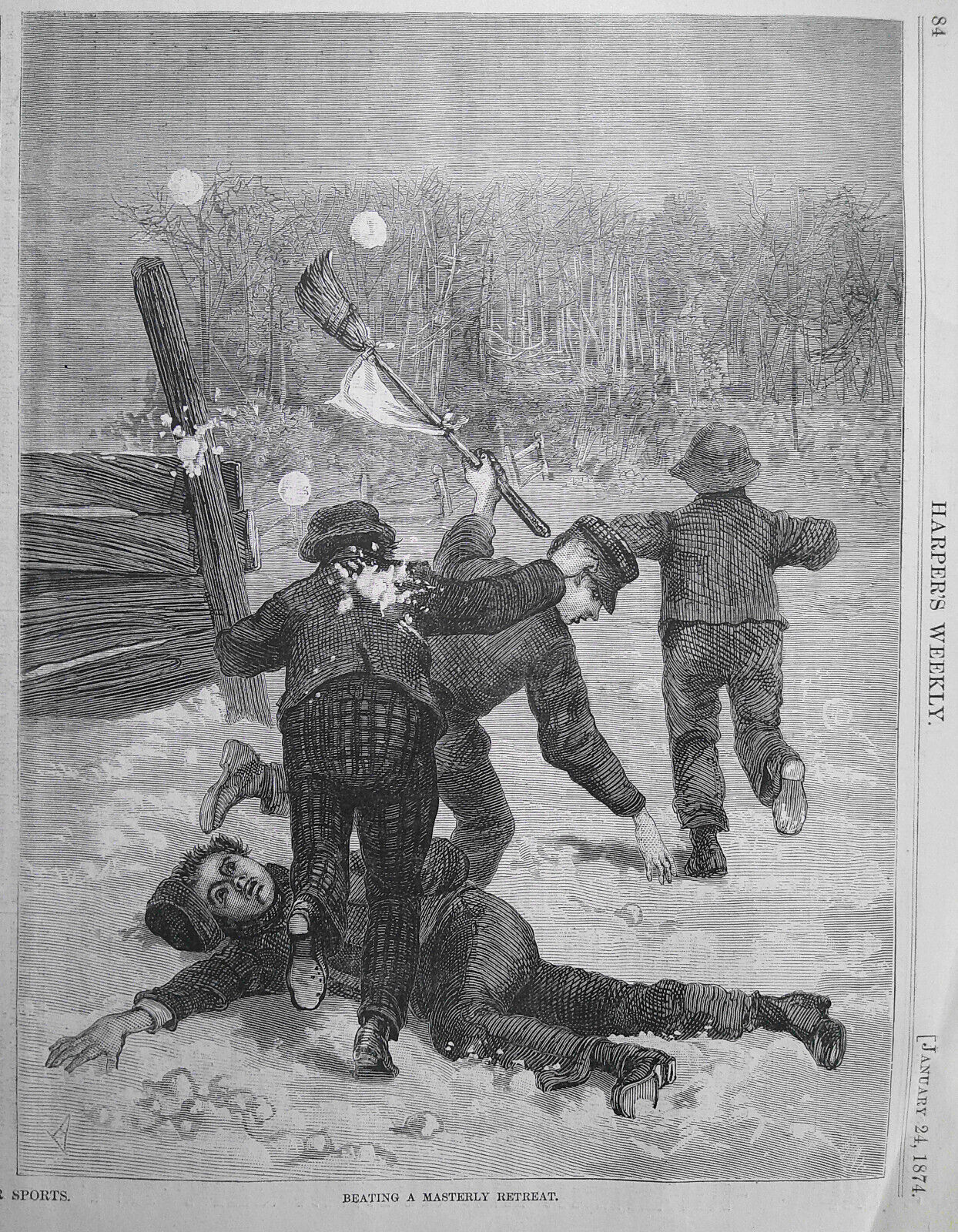 "Winter Sports" - a snowball fight. Harper's Weekly, January 24, 1874. Original