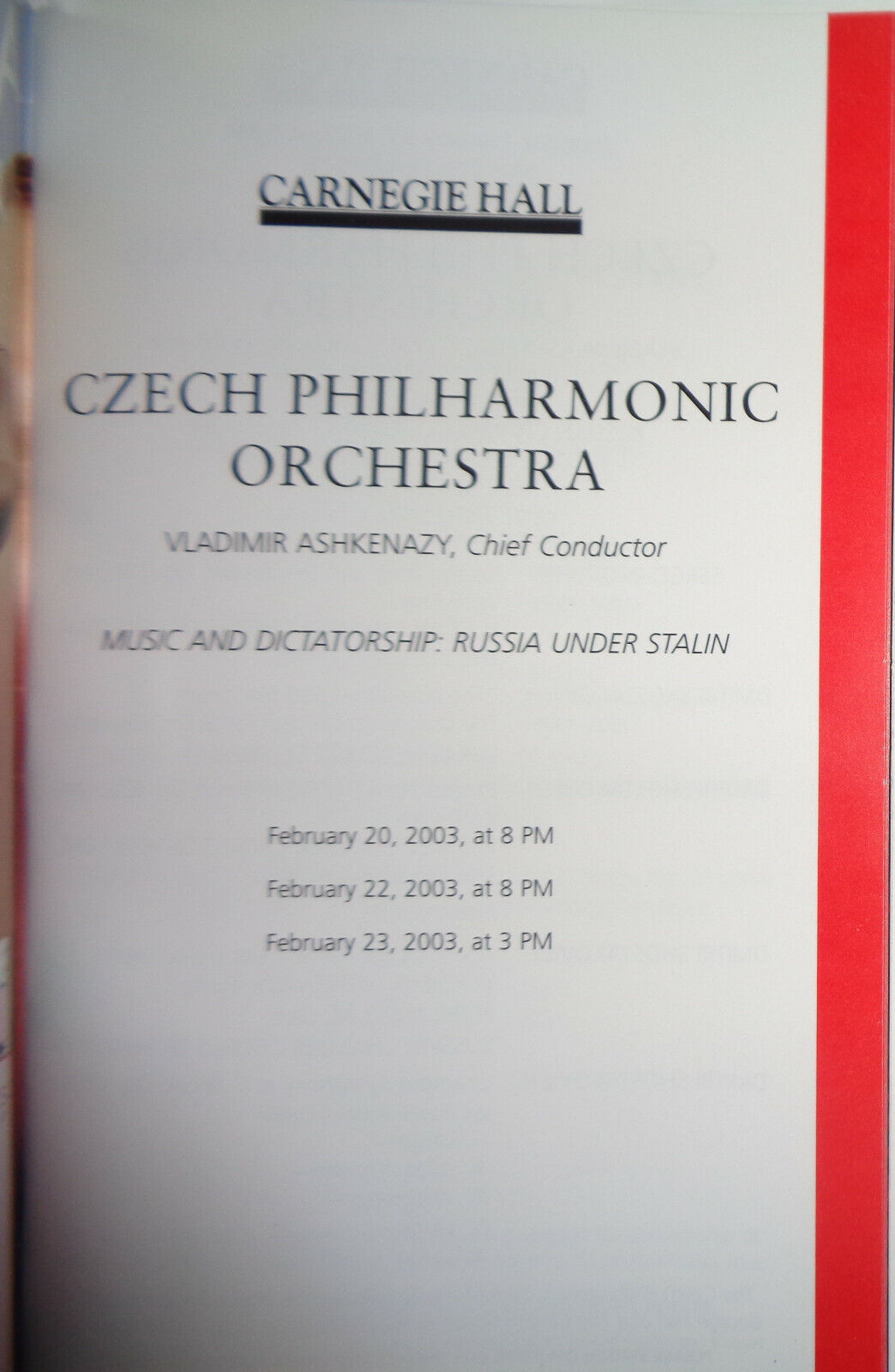 Czech Philharmonic Orchestra Playbill Carnegie Hall 2003 Ashkenazy, Yevtushenko