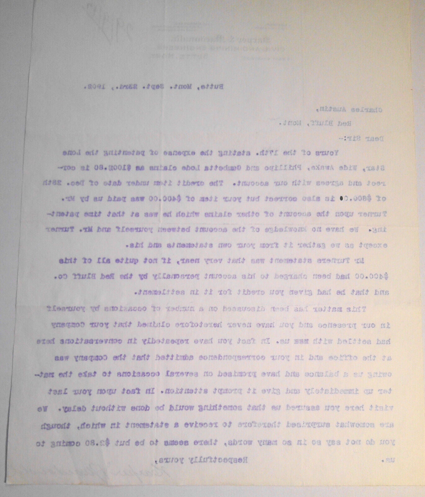 1902 Harper & MacDonald, Civil and Mining Engineers, Butte MT Billing Letter