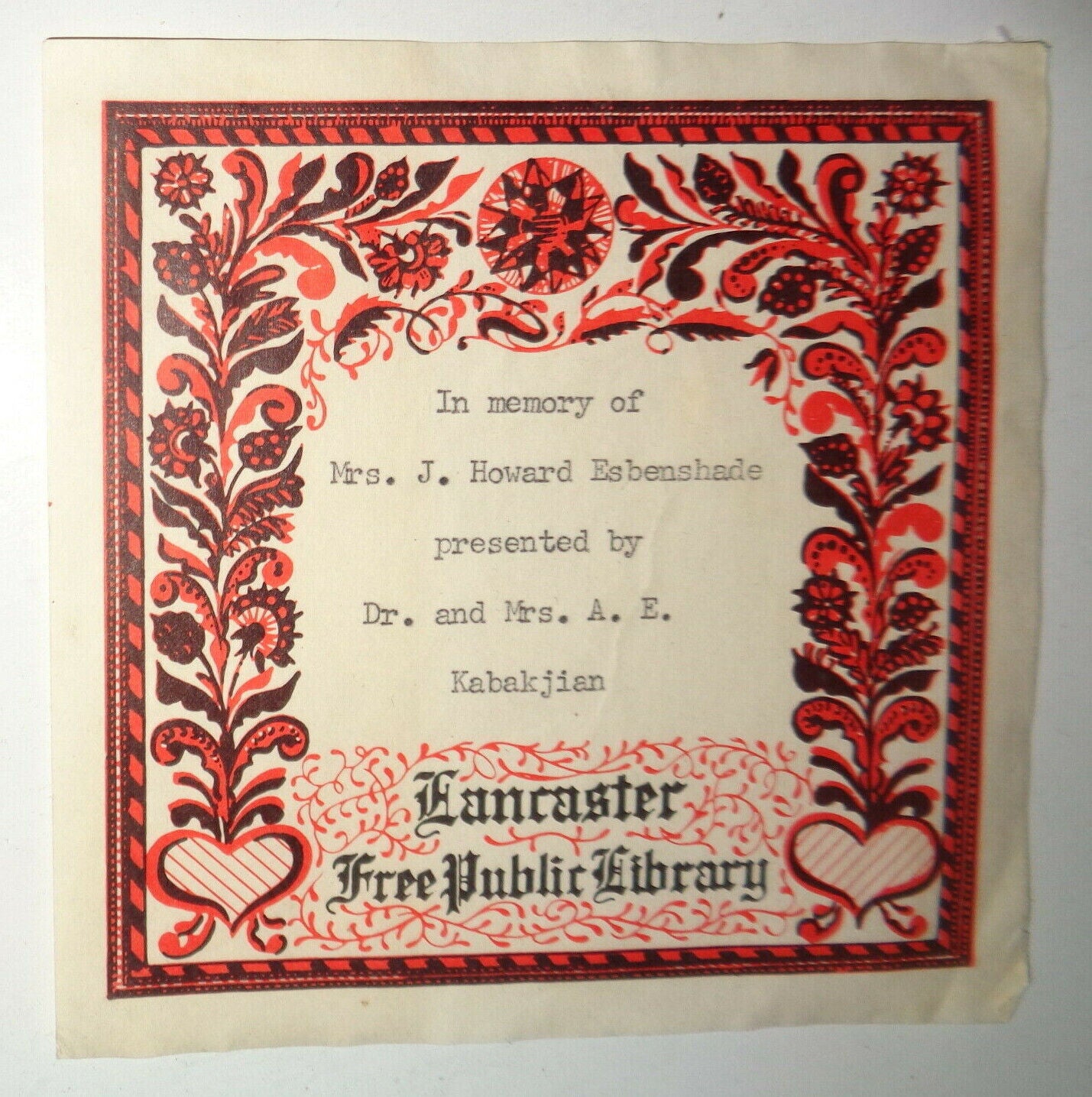 Lancaster Free Public Library Gift Bookplate - Memory of Mrs J Howard Esbenshad