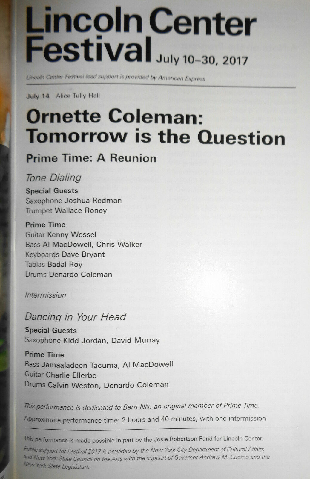 Ornette Coleman :Tomorrow is the Question, Playbill July 14, 2017 Lincoln Center