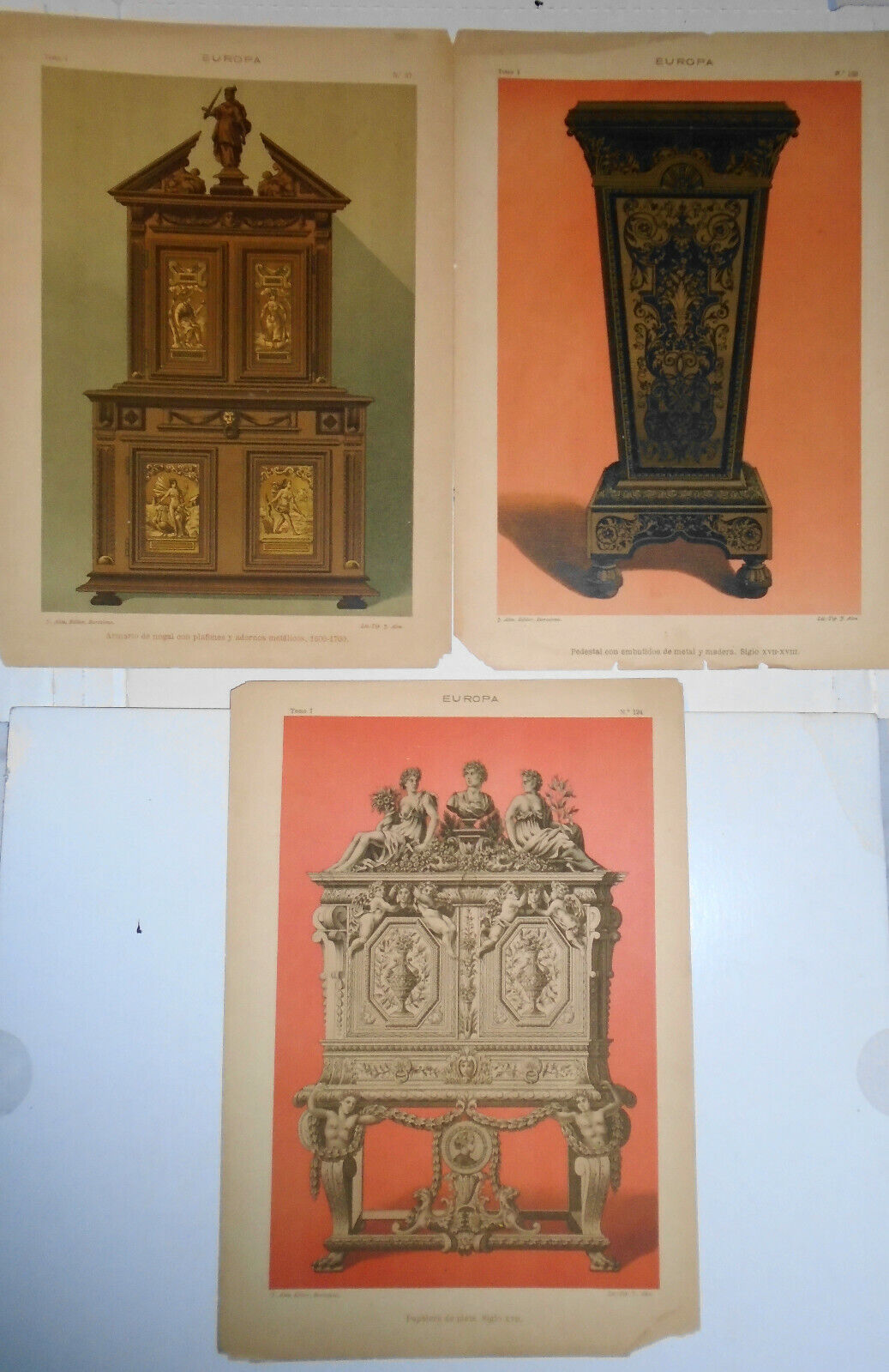EUROPA - 3 antique furniture lithographs lot circa 1890 by J. Aleu, Barcelona.