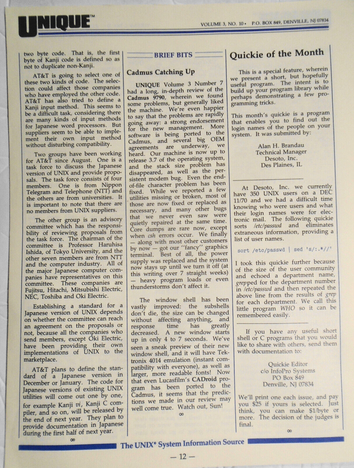 UNIQUE, Vol. 3, No. 10, 1984 - The UNIX System Information Source.