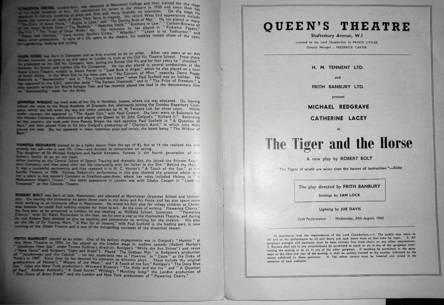 The Tiger And The Horse - First Performance, August 24, 1960 Queen's Theatre, UK