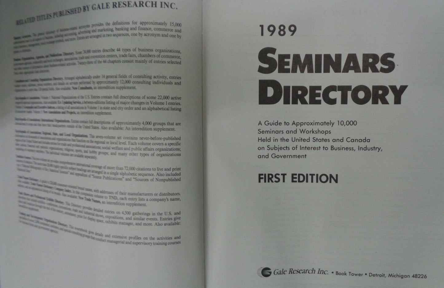 Seminars directory. 1989. By Gale Research. Hardcover. Like new