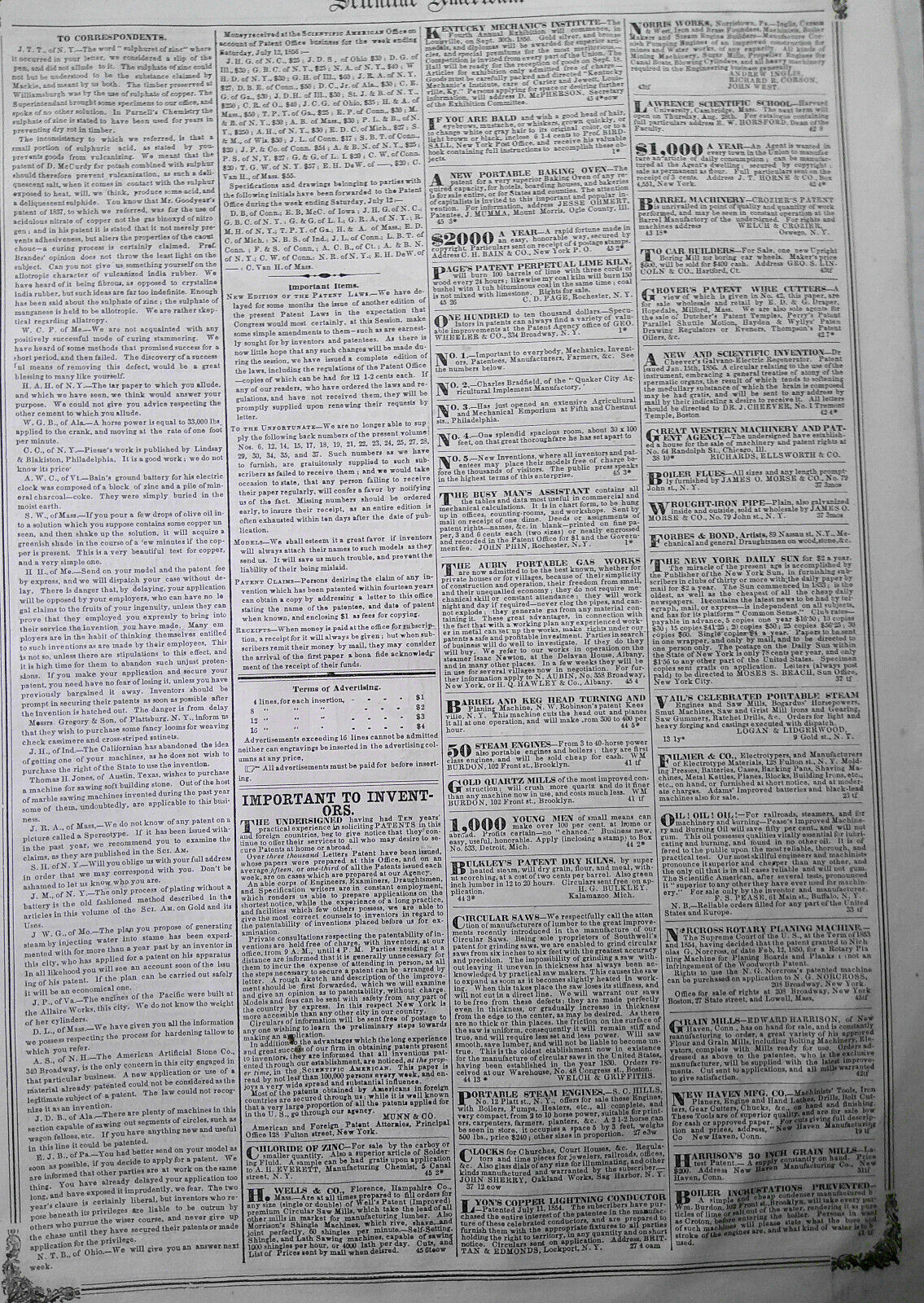 Scientific American, July 19, 1856. American vs European photographs; telegraphy