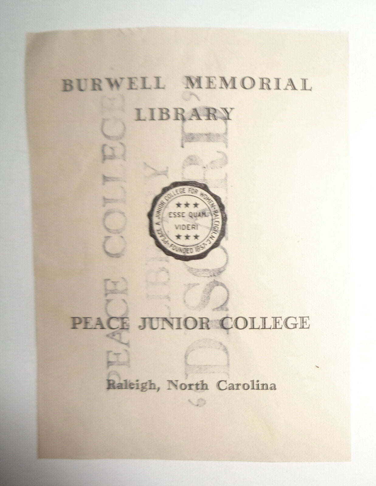 Peace Junior College for Women, Burwell Memorial Library Bookplate -19th century