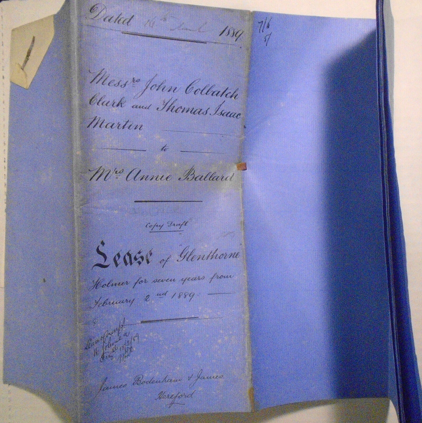 1889 Lease indenture. Hereford, England. Clark and Martin to Mrs. Annie Ballard.