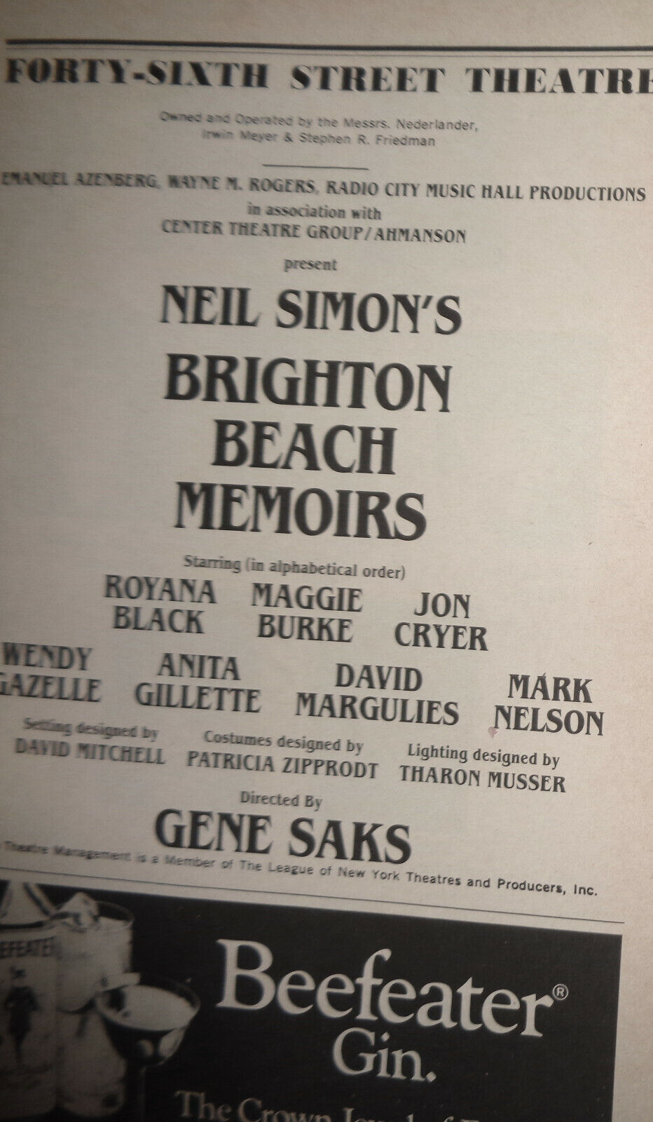 Brighton Beach Memoirs Playbill 1985 - SIGNED by Jon Cryer