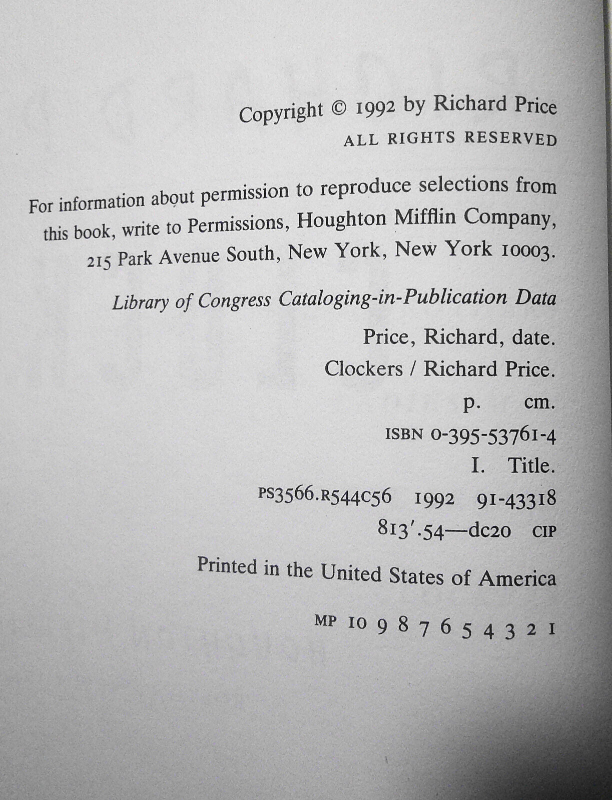 Richard Price - Clockers - SIGNED First Edition. First Printing. 1992.