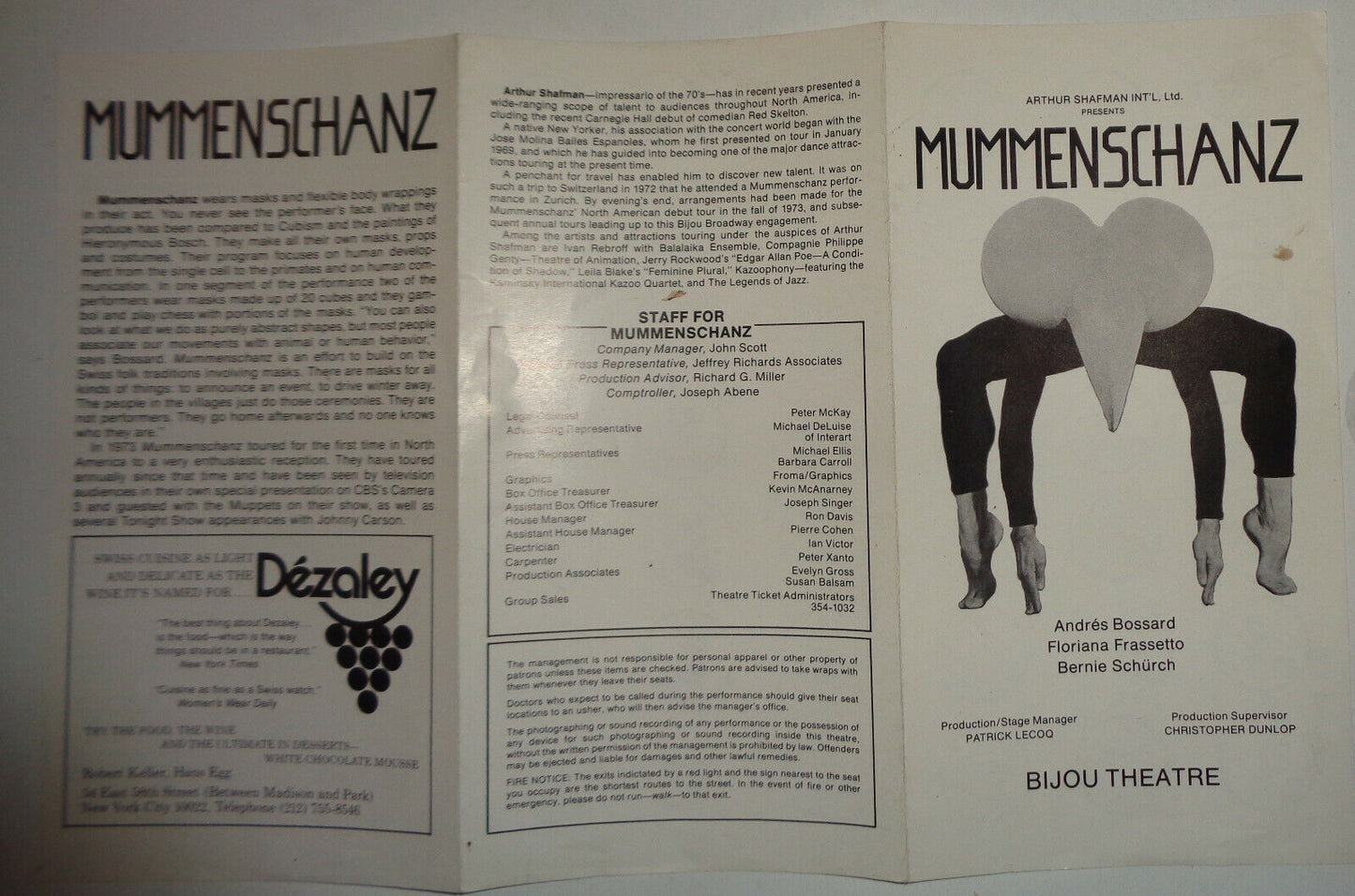 MUMMENSCHANZ - PROGRAMME - OPENING NIGHT, MARCH 30, 1977 - Bijou Theatre, NYC