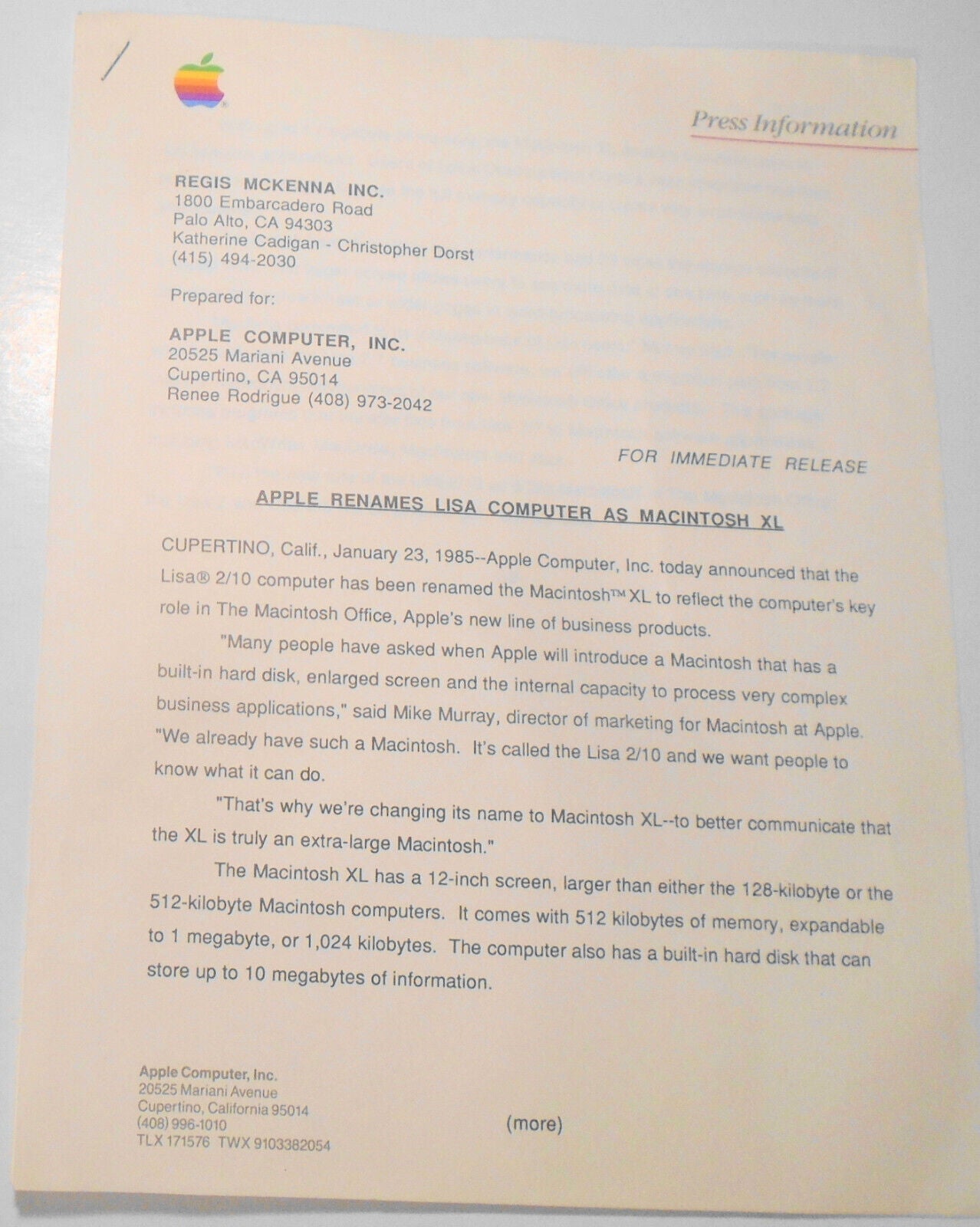 Apple ends Lisa computer - original corporate press release, January 23, 1985.