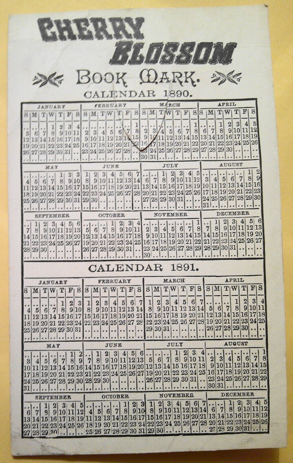 1890 Cherry Blossom Book Mark. Perfume, Toilet Powder & Soap. With calendar.