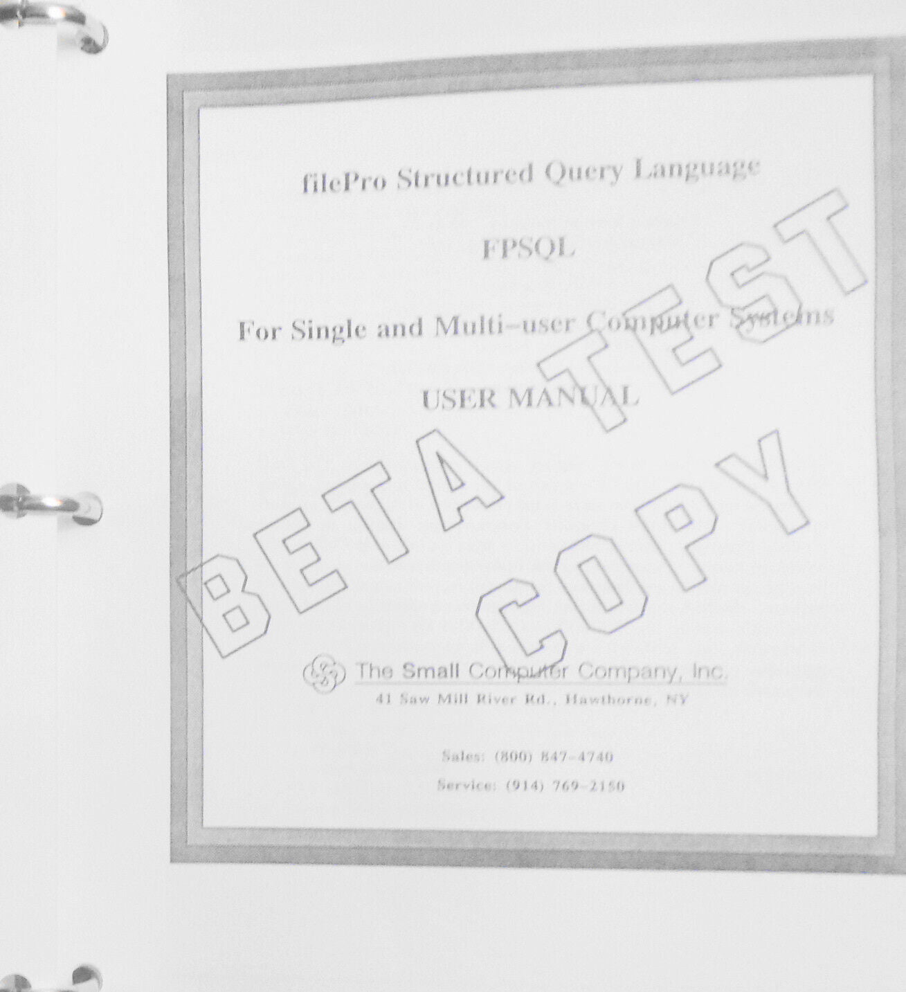 Filepro FPSQL Beta Test Program - Version 00.01.00, 1987 Manual & MSDOS software