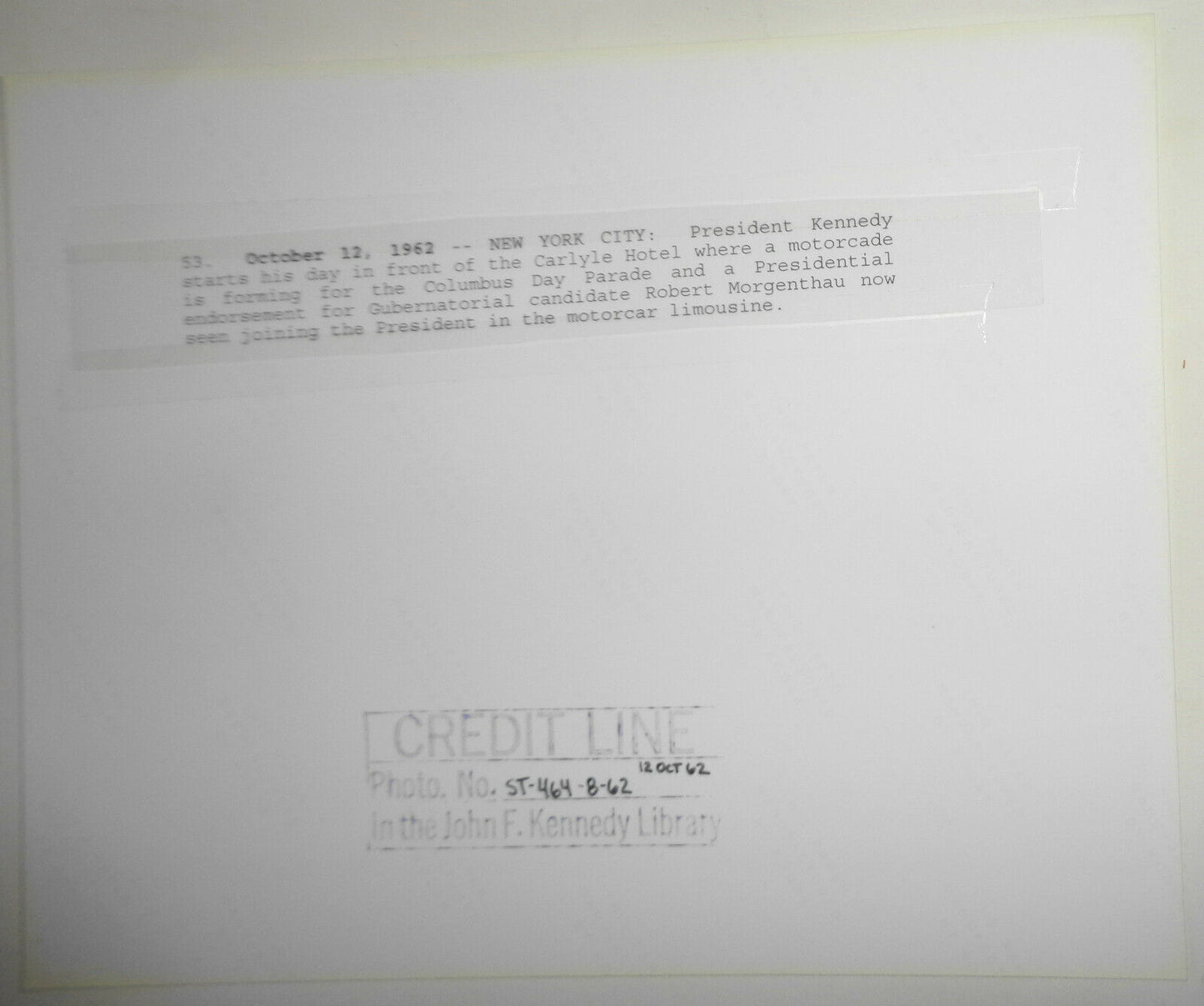 1962 President Kennedy Photo: New York City -- Morgenthau / Columbus Day Parade