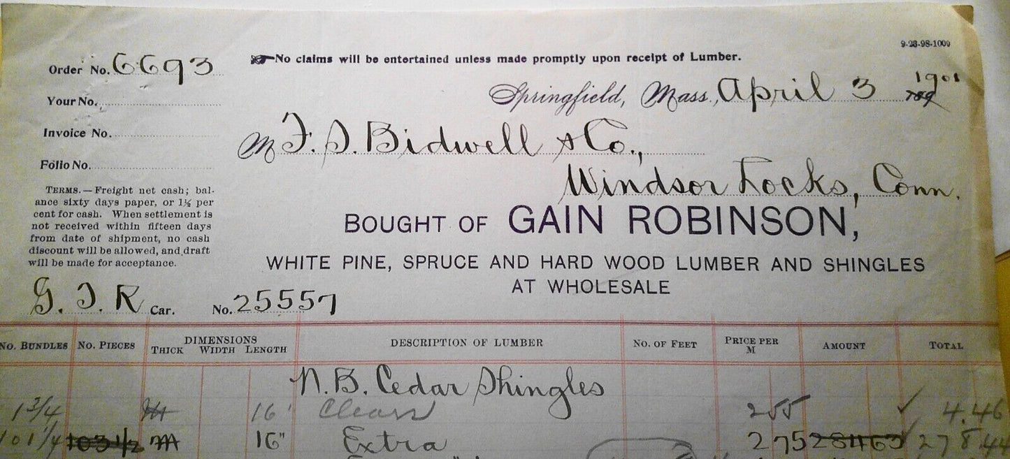 1901 Gain Robinson, Lumber Company receipt, Springfield, MA. Sold to Bidwell Co.