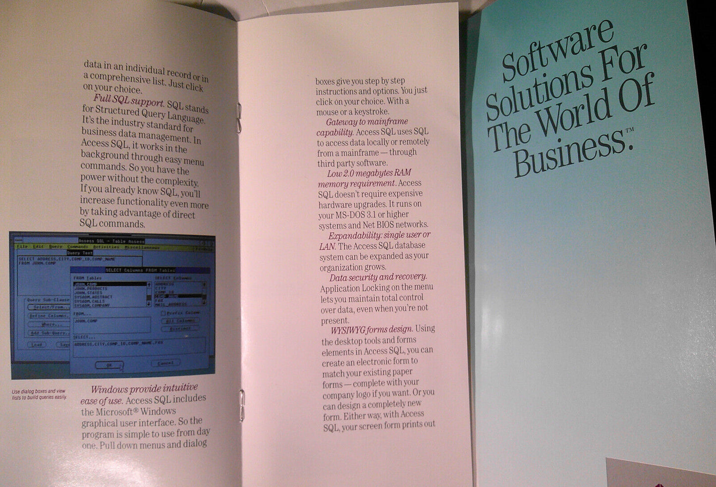 Introducing Access SQL, graphical database. Promotional brochure, 1989