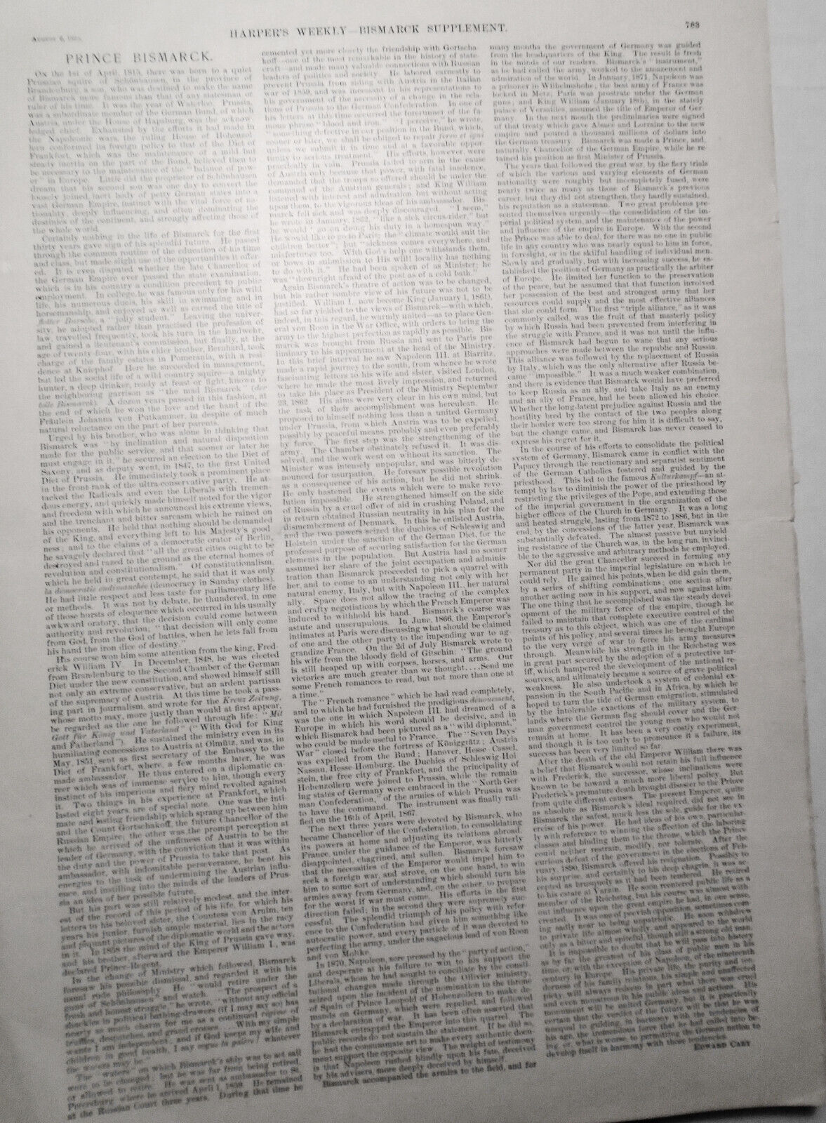Harper's Weekly, Bismarck Supplement: 4 Pages, Story & 7 Prints. August 6, 1898