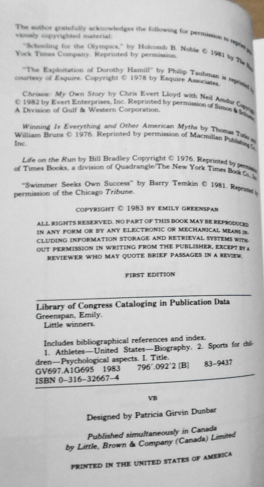 Little Winners, by Emily Greenspan - SIGNED First Edition, 1983. Hardcover/DJ