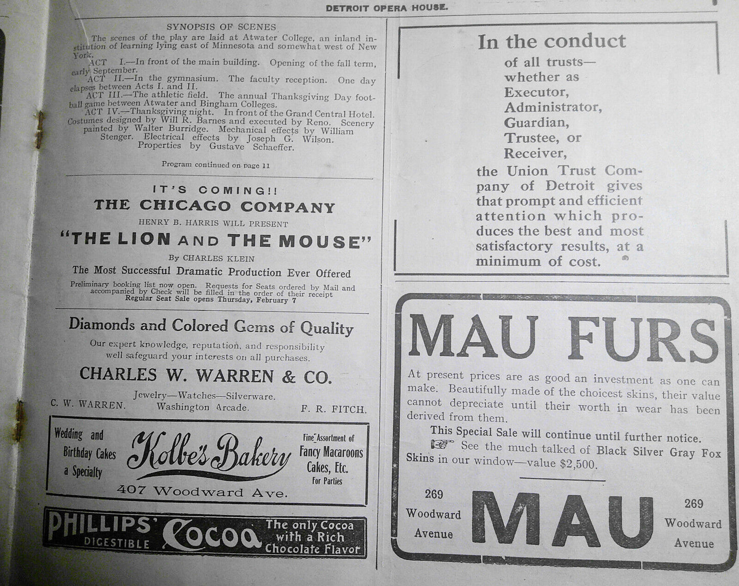 1907 "The College Widow" program - Detroit Opera House - with early Cadillac ad
