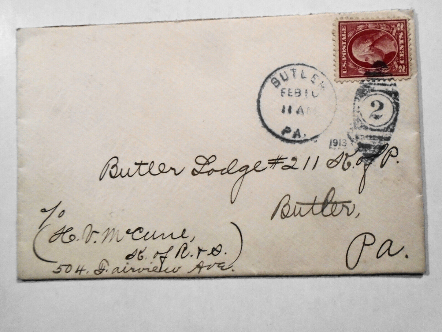 1913 Masonic correspondence - Butler Lodge No. 211, Pennsylvania. Thank you card