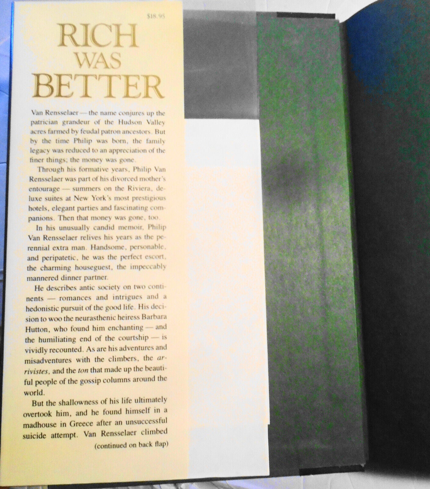 Rich Was Better, by Philip van Rensselaer. First edition, 1990. HC/DJ