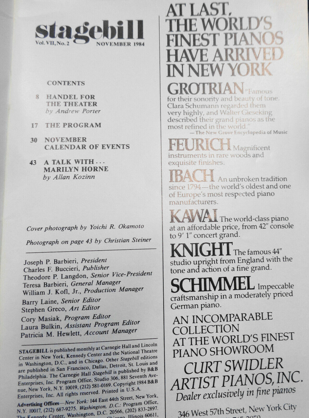 Handel : ORLANDO - Carnegie Hall Stagebill Nov. 25, 1984 - Marilyn Horne