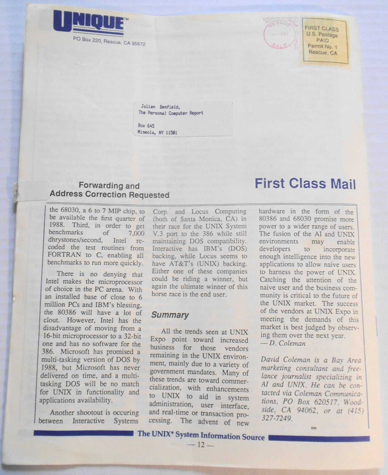 UNIQUE: The UNIX System Information Source, Vol. 4, No. 9, June 1987