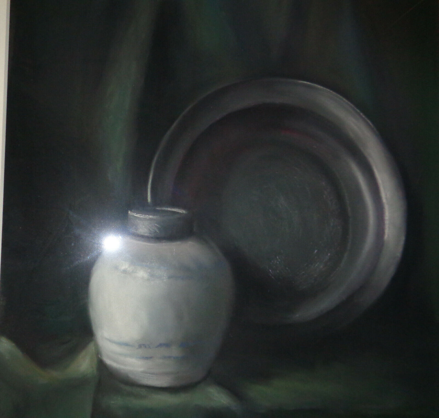 Bo Kass : Urn & tarnished silver plate, pastel drawing - Signed original, framed