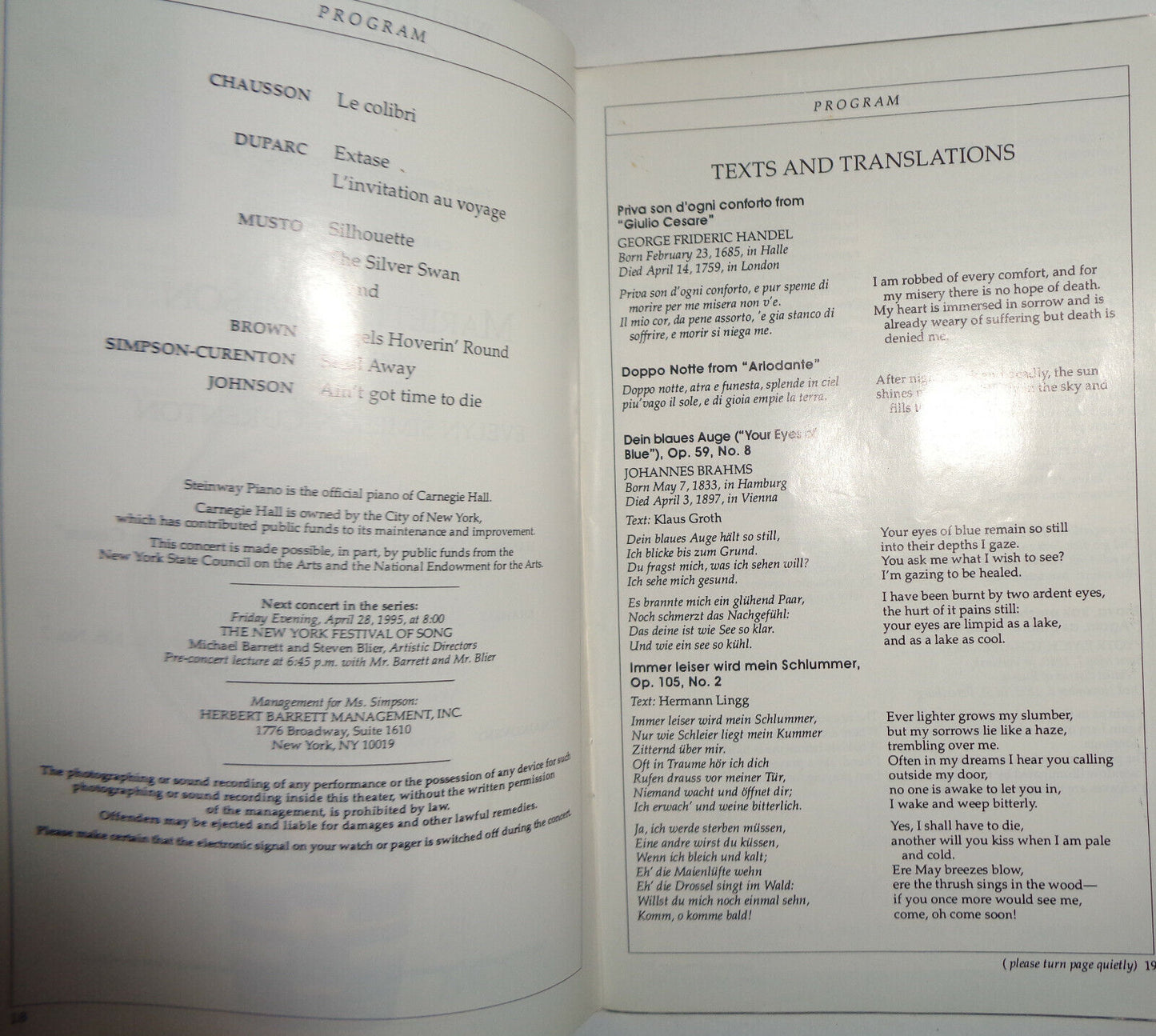 MARIETTA SIMPSON - CARNEGIE HALL STAGEBILL - FEBRUARY 24, 1995
