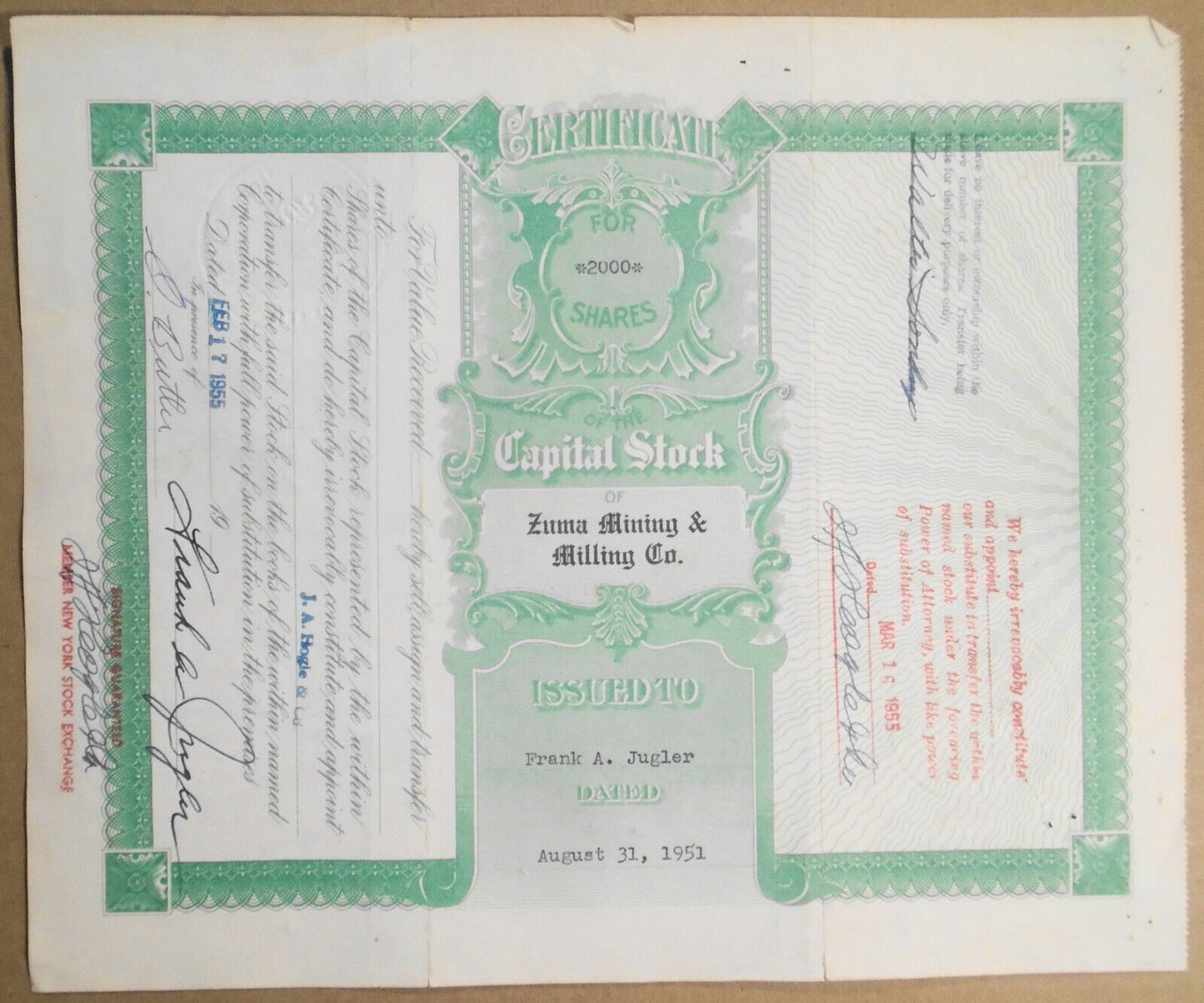 Zuma Mining & Milling Company - Stock Certificate, August 31, 1951