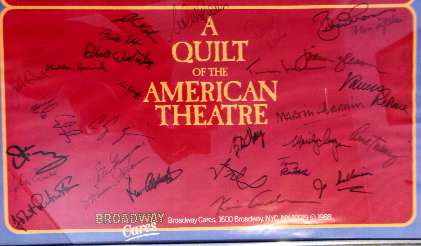 1988 A Quilt of the American Theatre, Broadway Cares Poster SIGNED by 30; framed