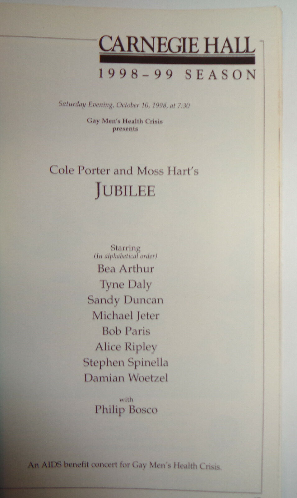 COLE PORTER AND MOSS HART'S "JUBILEE" - Carnegie Hall Stagebill 1998