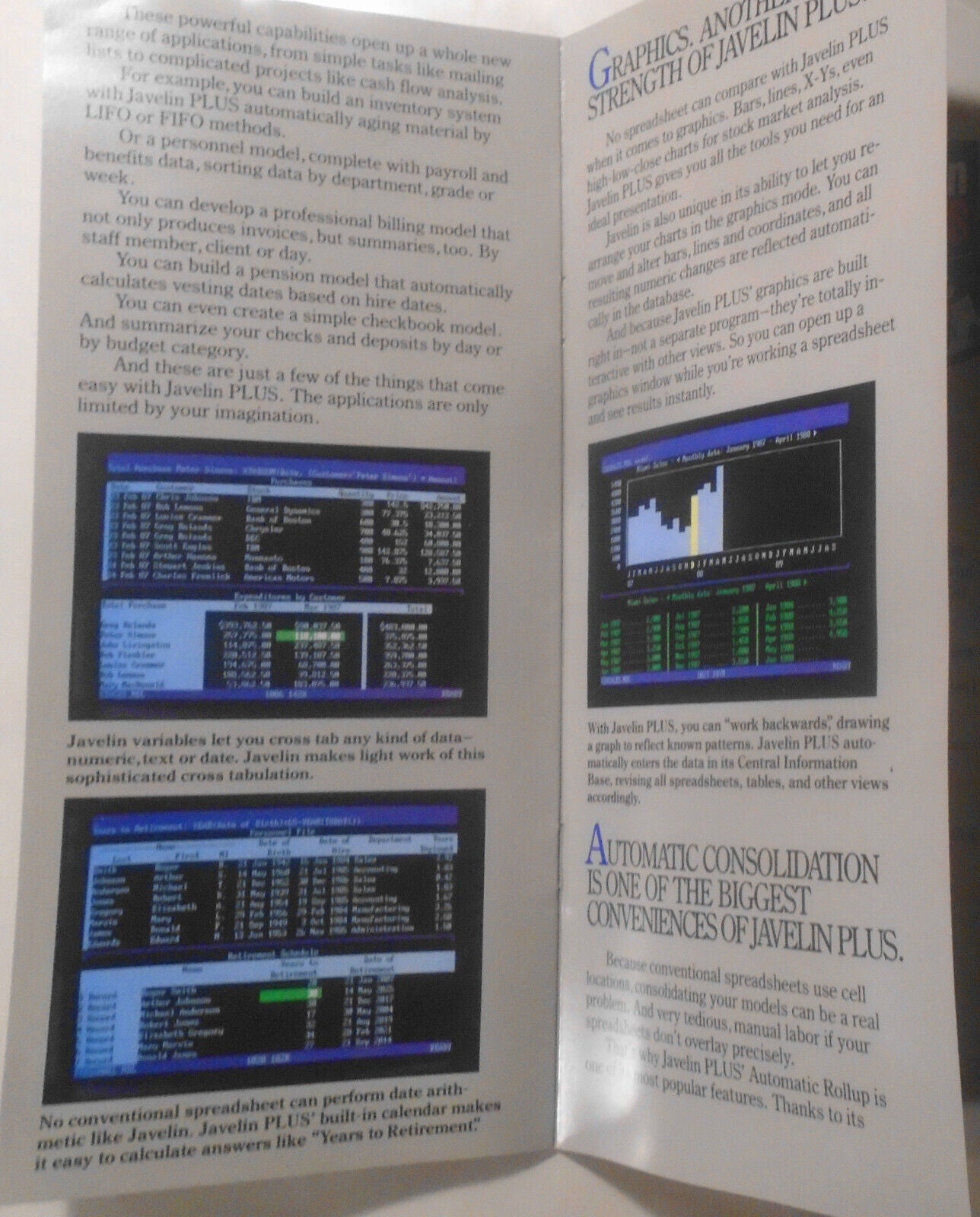 Javelin Plus spreadsheet / database promo brochure, 1980s. For IBM PCs