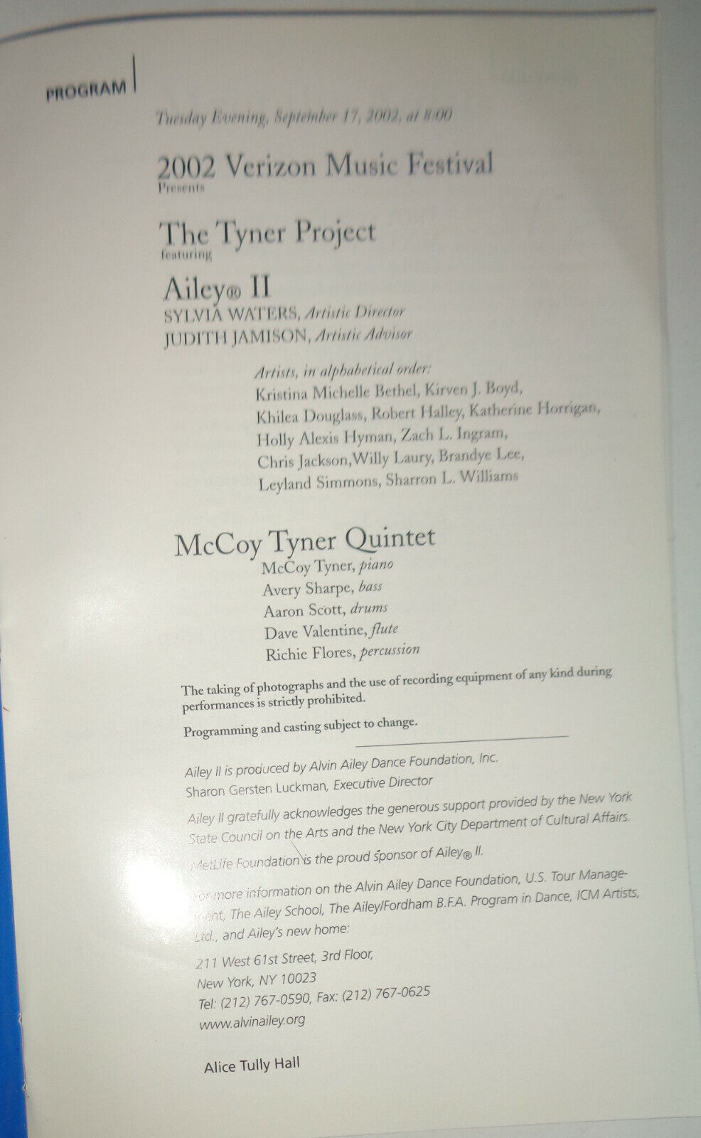THE TYNER PROJECT - PLAYBILL - LINCOLN CENTER, 2002 VERIZON MUSIC FESTIVAL