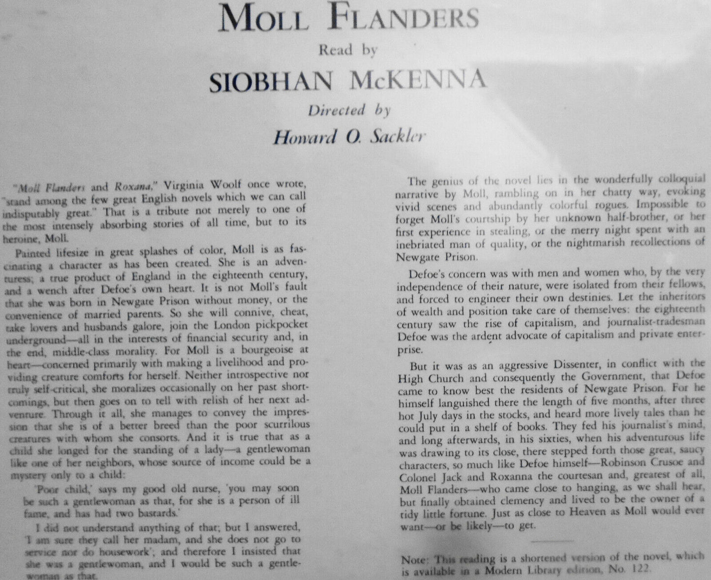 Daniel Defoe : Moll Flanders LP - read by Siobhan McKenna - NEW, SEALED