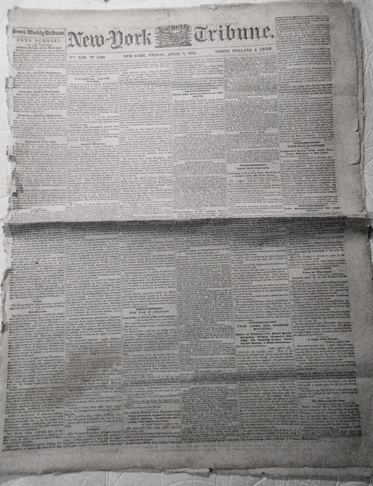 NEW YORK TRIBUNE, April 8, 1864 - Civil War; Irish on Slavery; Metropolitan Fair