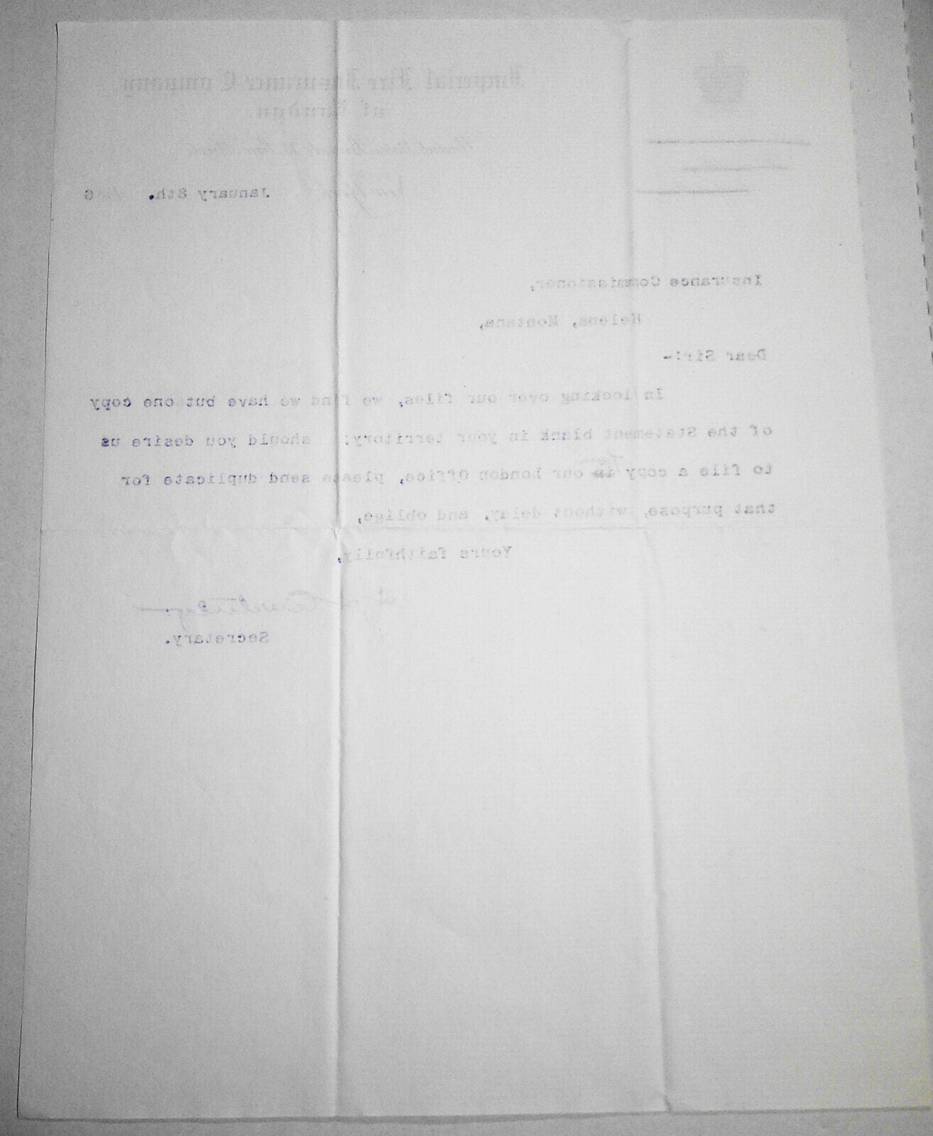 1886 Imperial Fire Insurance Company of London Letterhead New York branch letter