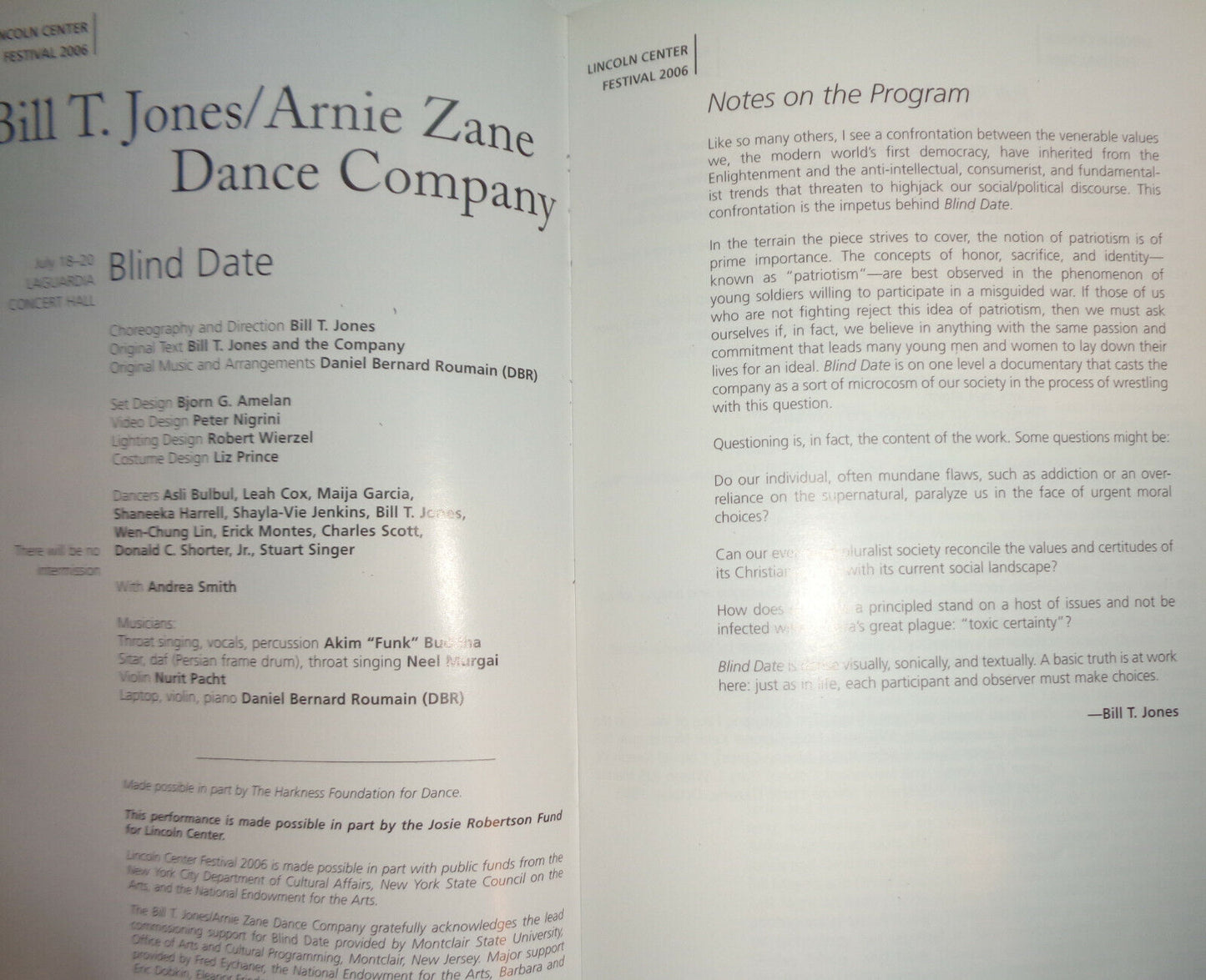 BILL T. JONES / ARNIE ZANE DANCE COMPANY : BLIND DATE - PLAYBILL - JULY 2006