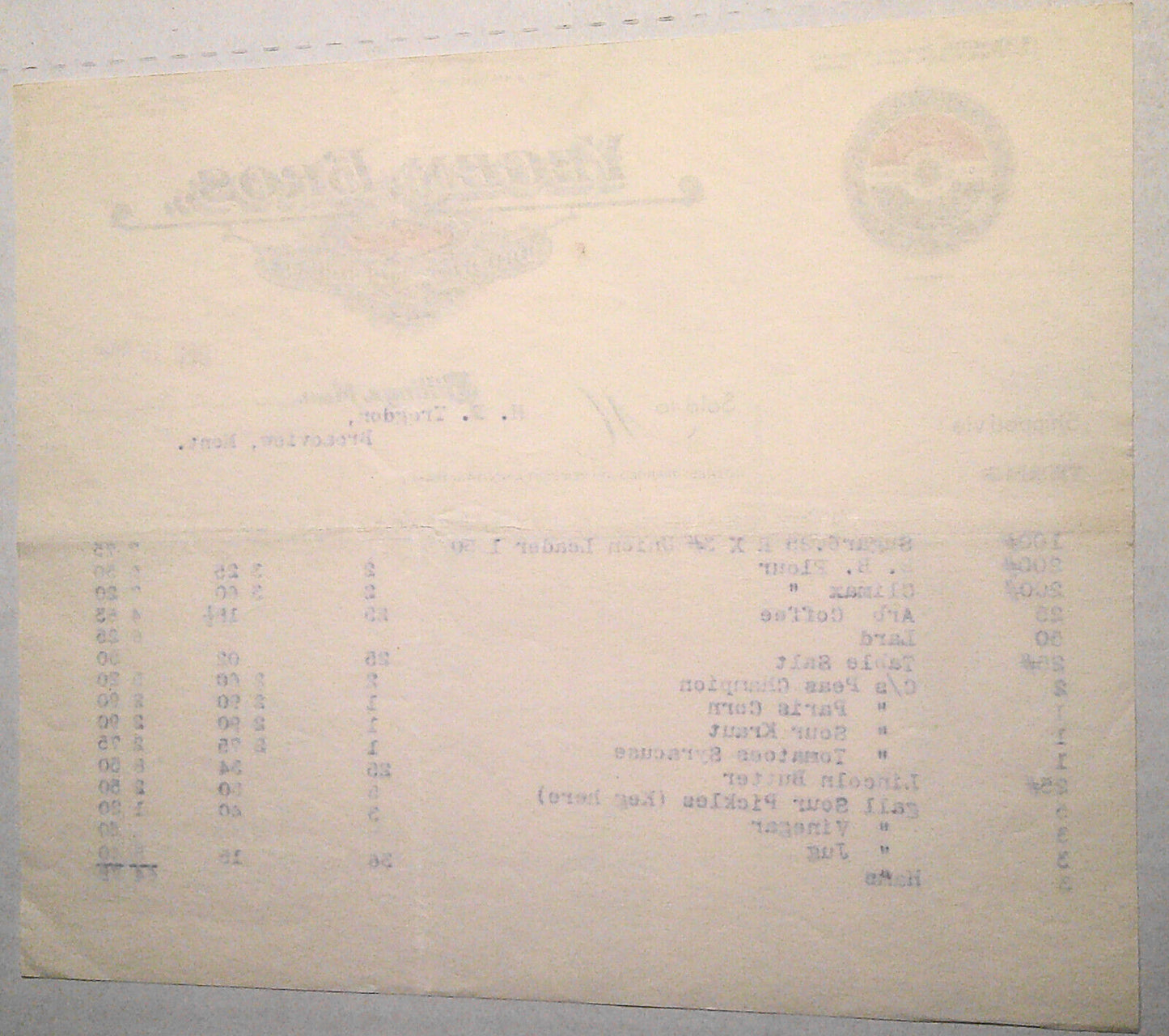 1909 Yegen Bros., Billings, MT - Billhead, for food supplies