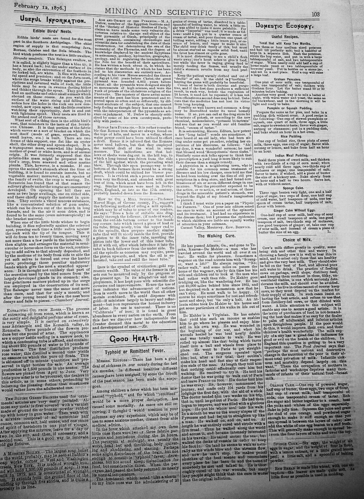 Mining and Scientific Press Feb 12, 1876. Edison's "New Force"; Mining Debris...