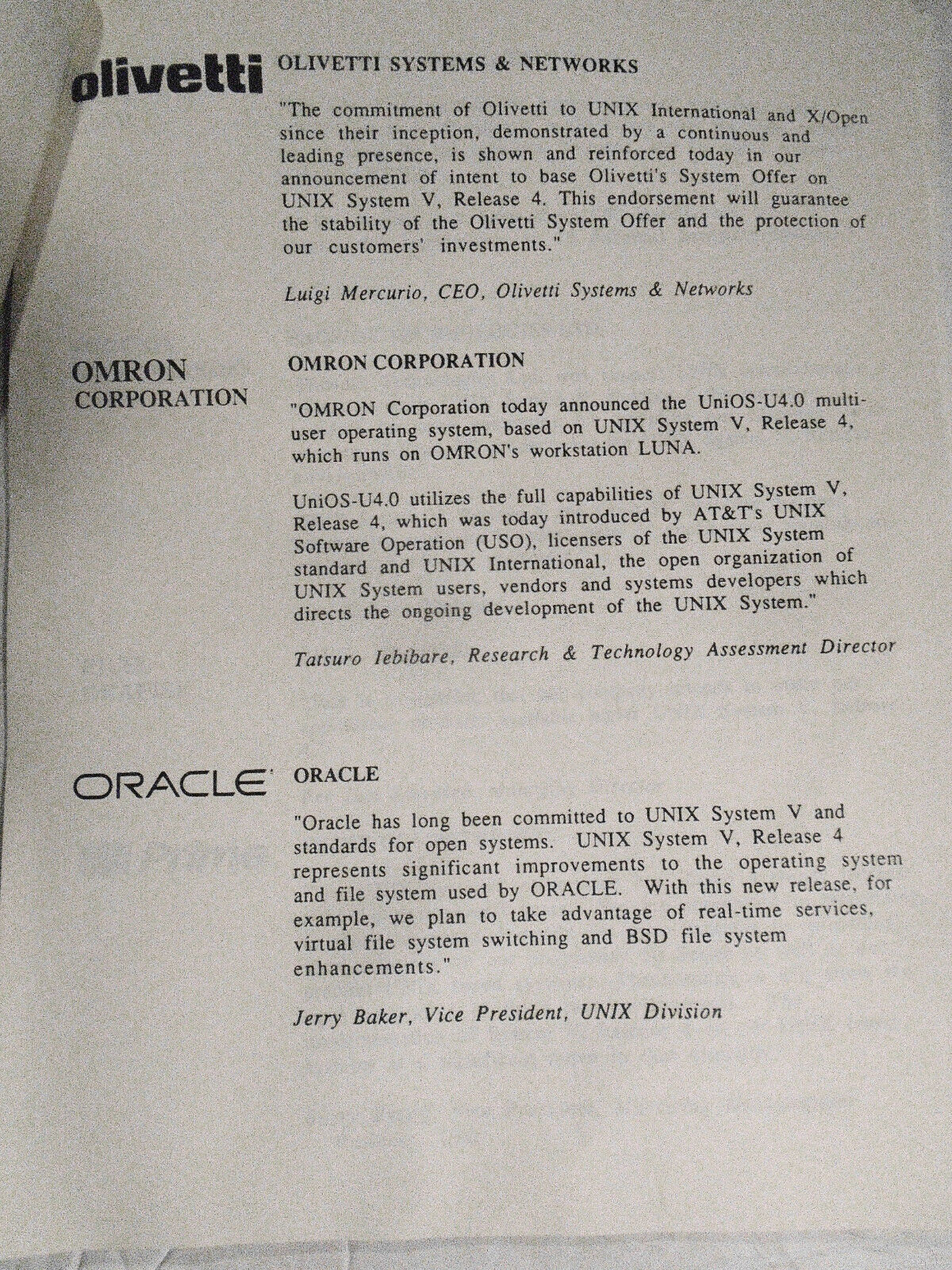 1989 Statements of support by 172 companies for UNIX System V, Release 4