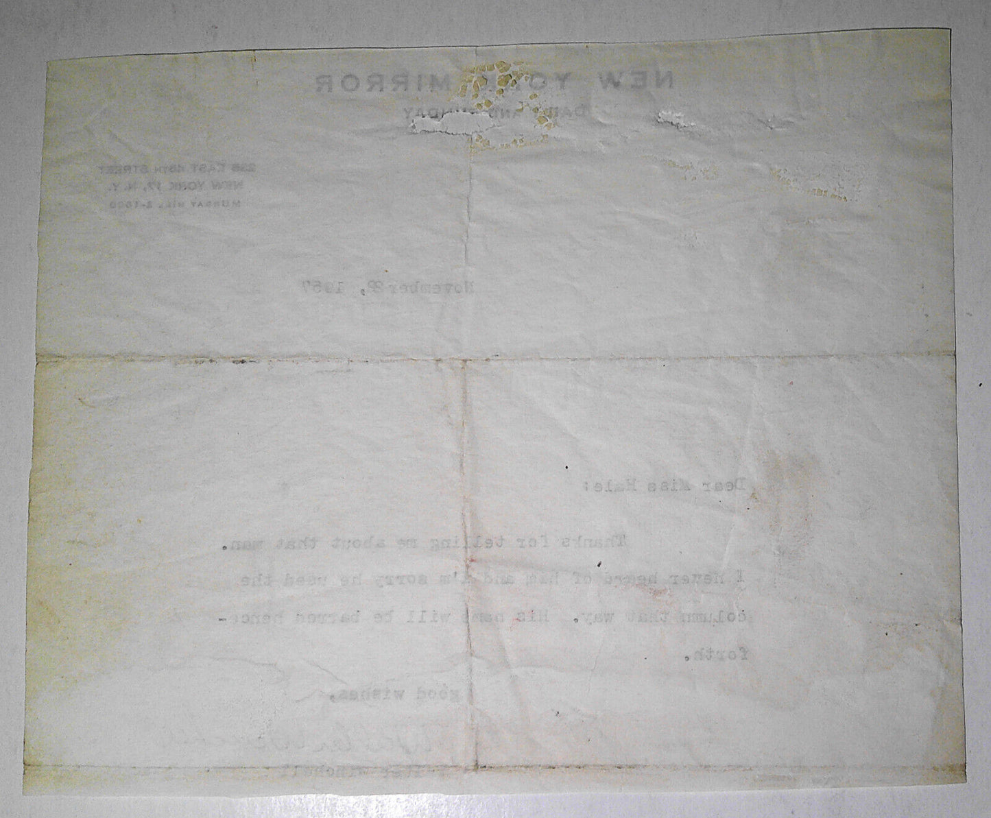 Walter Winchell Signed letter, 1957, on New York Mirror stationery