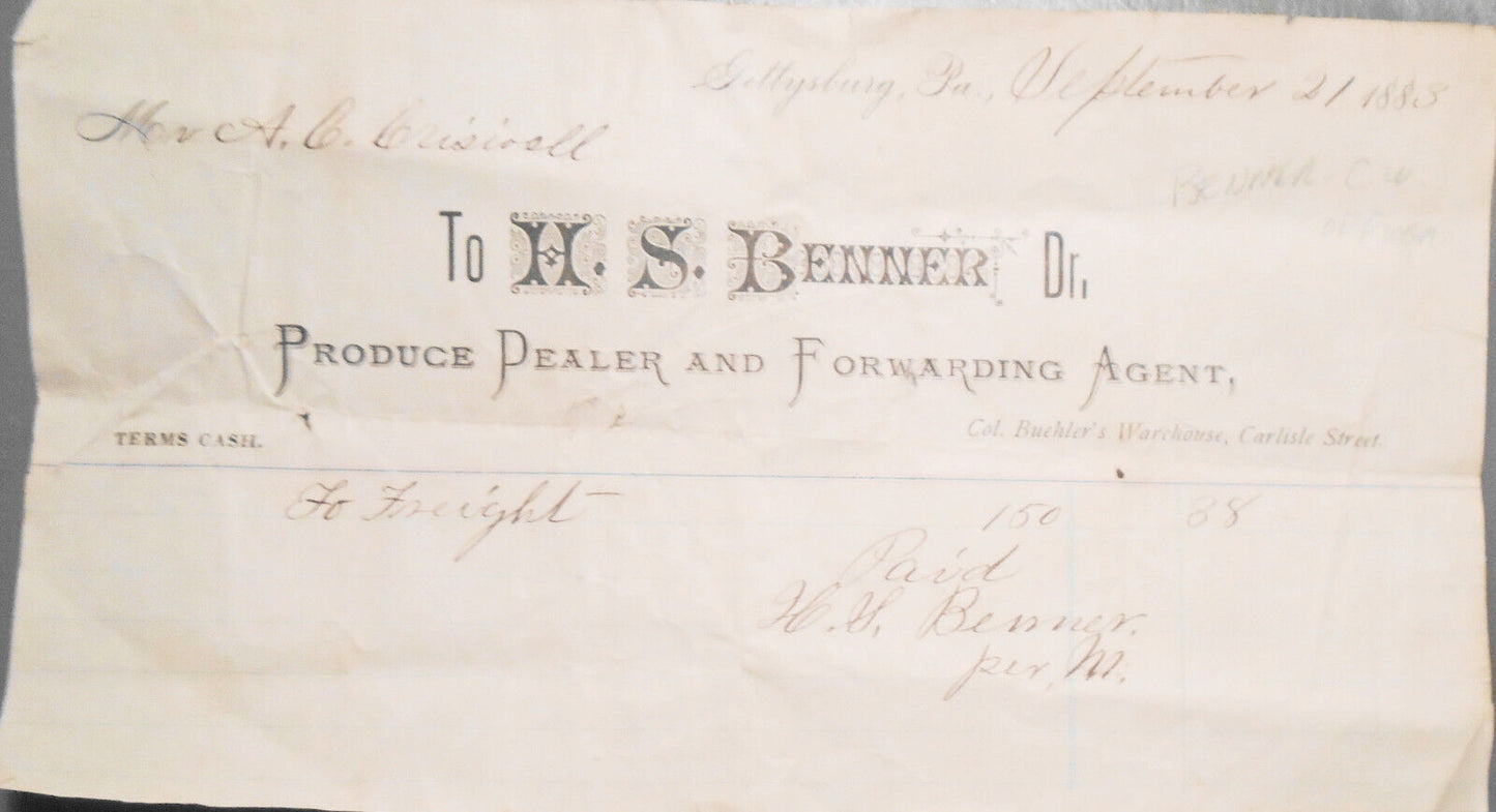 1883 Gettysburg, Pennsylvania Freight Receipt for H. S. Benner, Produce Dealer