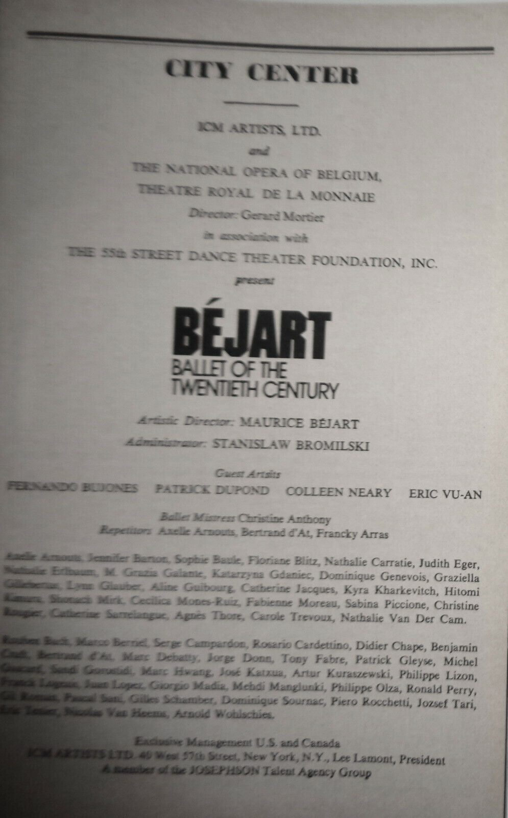BEJART BALLET OF THE 20th CENTURY PROGRAM - Nov 1985 City Center Theater, NYC