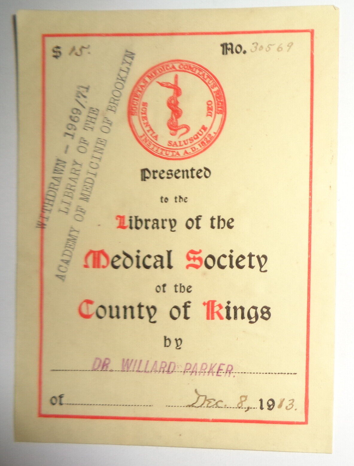 Library of the Medical Society of the County of Kings - Bookplate, 1913